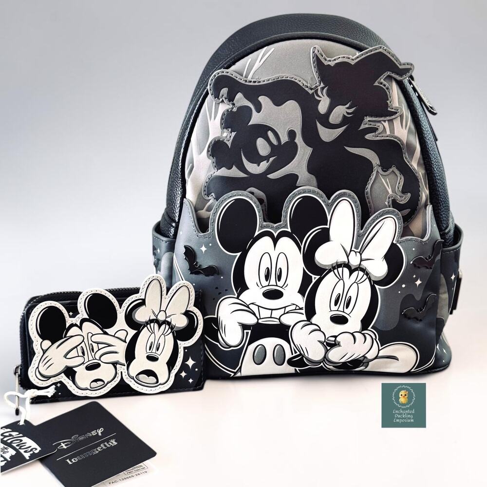 Loungefly Disney Mickey Minnie Ghost Light Up Mini Backpack Card Holder Set NWT